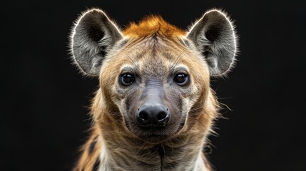 a spotted hyena close-up portrait looking direct in camera with low-light, black backdrop