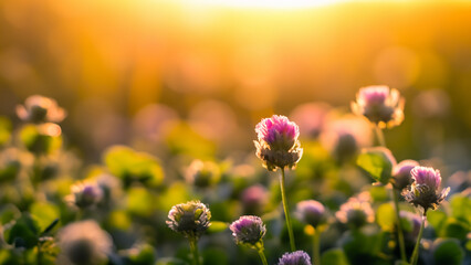 Fototapeta premium Close Up Field of Small Flowers at Sunset