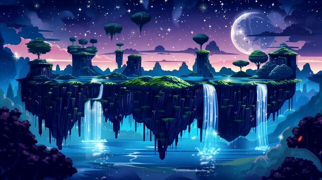 A surreal landscape with floating islands and waterfalls at night. Fantasy landscape anime or cartoon style, looping 4k video animation background