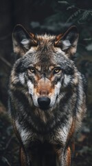 a wolf portrait looking direct in camera with low-light 