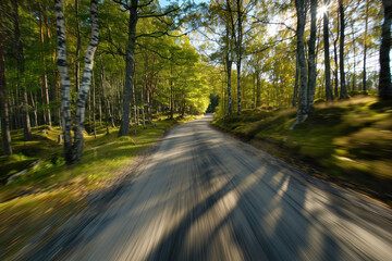 Obraz premium Driving with high speed on the road through Swedish landscape. Morion blur. POV. Created with Generative AI technology.
