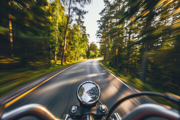 Driving on a motorbike with high speed on the road through Swedish landscape. Morion blur. POV. Created with Generative AI technology.