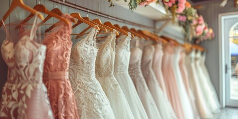The bridal boutique displays elegant wedding dresses that represent elegance and purity.