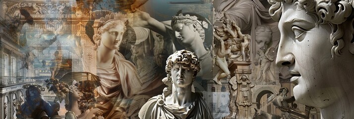 Fototapeta na wymiar Collage of stoic classical statues with stoicsim and textures. A creative digital collage that combines elements of classical statues with various textures and abstract patterns