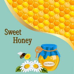 Background with honeycombs and honey. Honeycombs on vector abstract background with honey in a jar, flowers and bees.