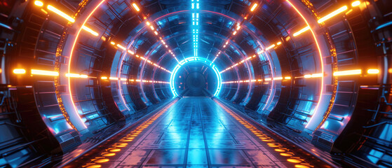 dimention walk way metal sci fi futuristic futur corridor light blue orange Technology . Nighttime Abstract Urban Tunnel background banner