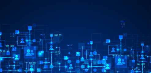 Abstract representation of a computer network and its users in the form of icons of people in squares. Vector illustration. Hand drawn.