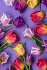 Obraz na płótnie Canvas A stunning ovseamless pattern presents a spread of assorted colorful tulips against a purple background, exuding elegance and beauty. Top view, flat lay. 