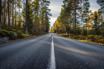 Fototapeta premium Driving with high speed on the road through Swedish forest. Morion blur. POV. Created with Generative AI technology.