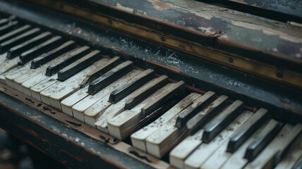 Fototapeta na wymiar Weathered vintage piano with damaged, dusty keys evoking nostalgia.