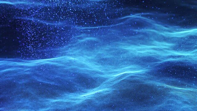 3D wavy blue digital surface with floating particles. Abstract concept of big data analysis, data transfer or artificial neural network (AI). Storm of digital data in virtual space, 4K looped video