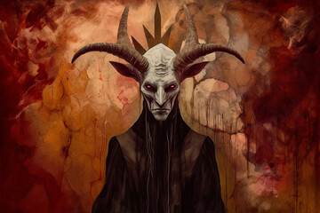Culture and religion, fantasy concept. Baphomet devil creature with big horns surreal and abstract horror portrait illustration. Fine art style