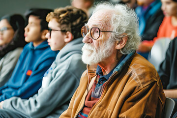 Senior Man Attentive in Classroom with Diverse Students