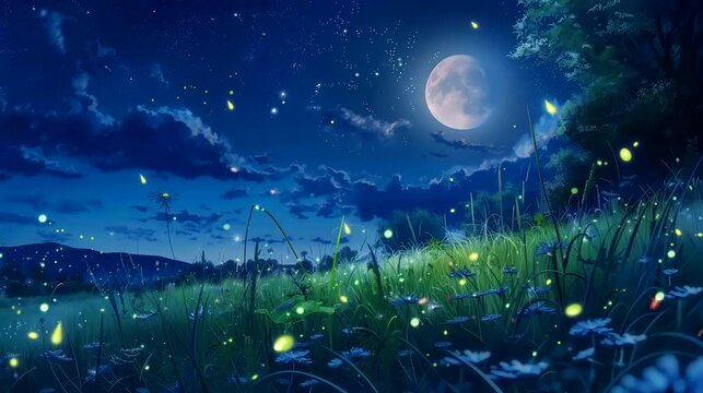 The beauty of a moonlit field with fireflies creating a magical glow. Fantasy landscape anime or cartoon style, looping 4k video animation background