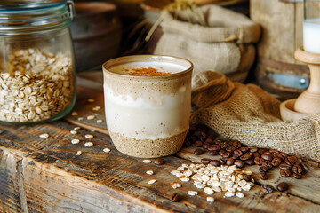 Homemade Oat Milk Latte with Coffee Beans