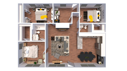 3D Floor Plan for 2 Bedroom ,bathroom, Living Room, Office, Kitchen Interior Design. 