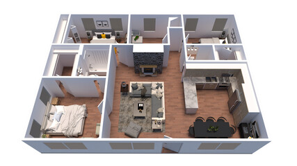 3D Floor Plan for 2 Bedroom ,bathroom, Living Room, Office, Kitchen Interior Design. 