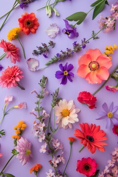 A beautiful arrangement of various colorful fresh flowers neatly organized on a purple backdrop
