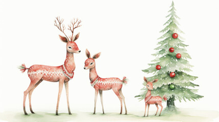 A charming watercolor illustration featuring a festive cow family near a Christmas tree, designed in a Scandinavian red-green boho style. Postcard-style against a white background.