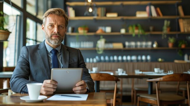 Confident European Businessman In Suit Holding Tablet On Solid Pastel Background With Copy Space