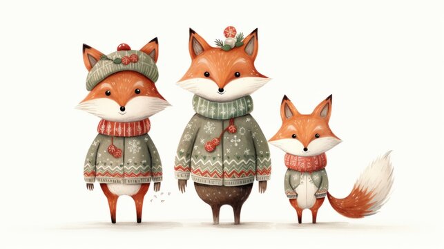 A charming watercolor illustration featuring a festive cow family near a Christmas tree, designed in a Scandinavian red-green boho style. Postcard-style against a white background.