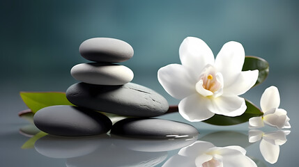 Spa still life with flowers and zen stones in tranquil pool