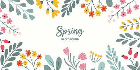 Spring rectangular festive banner on white background with place for text in flat vector style. Hand drawn blossom flowers, branches, berries. Holiday seasonal floral decoration. - obrazy, fototapety, plakaty