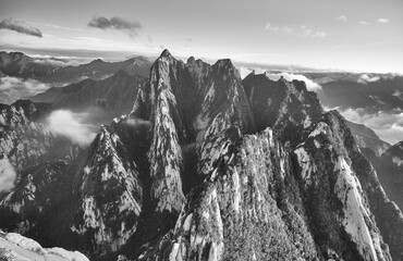 Black and white photo of Huashan National Park mountain landscape, China.