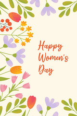 Festive card or poster for Happy Women's Day. Flat botanical illustration in retro style. Grainy textured spring flowers, branches and berries. Hand drawn floral template for birthday, Mothers Day
