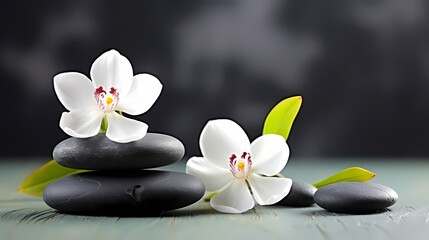 Fototapeta na wymiar Spa still life with flowers and zen stones in tranquil pool
