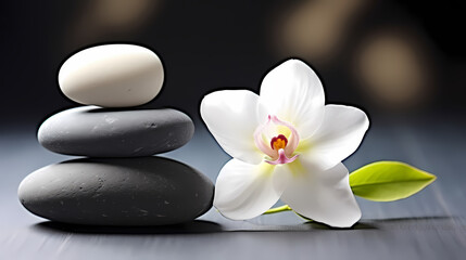Fototapeta na wymiar Spa still life with flowers and zen stones in tranquil pool