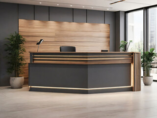 Gray and wooden office hall corner, reception desk with top Counter.