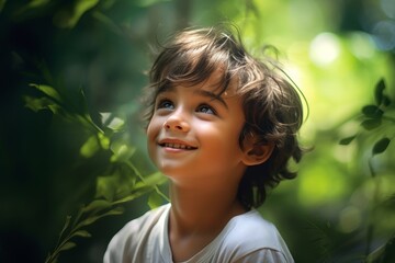 Close-up photo of a young boy with angelic charm, his innocent smile captured against the backdrop...