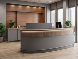 Gray and wooden office hall corner, reception desk with top Counter.