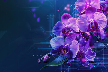 Vibrant orchid flowers merging with glowing blue circuit board lines, symbolizing the fusion of nature and technology
