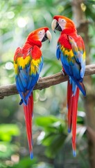 Naklejka premium Pair of scarlet macaws perched on branch with blurred background and copy space for text