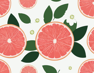 Isolated colored half of juicy pink grapefruit with white flower, green leaf and shadow on white background. Realistic
