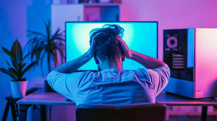homme de dos qui se tire les cheveux devant un écran d'ordinateur à cause d'un problème informatique - obrazy, fototapety, plakaty