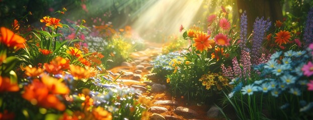 Fototapeta na wymiar Beautiful garden a path with colorful flowers, dreamy background.