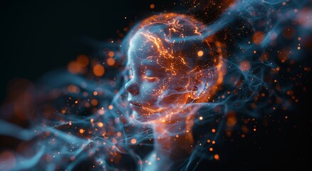 The concept of the origin and development of artificial intelligence technologies with a digital human child.