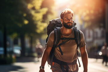 Sport man or tourist with beard and backpack rucking and walking at street in city. Trendy activity. Summer vacation. - obrazy, fototapety, plakaty