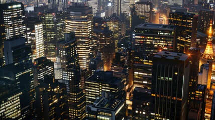 Fototapeta na wymiar Aerial night view of a bustling metropolis with glittering skyscrapers and urban glow.
