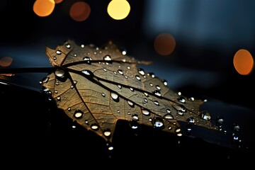 Rainy Day: Raindrops on a leaf with city lights in the background, creating a moody and reflective atmosphere.