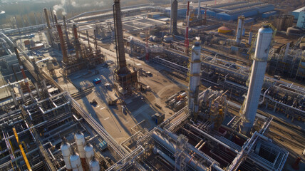 Fototapeta premium Aerial perspective of a complex industrial site with intricate piping and structures.