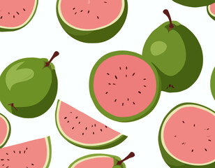Vector illustration, Tropical fruit Guava, whole fruit and halved, isolated on white

