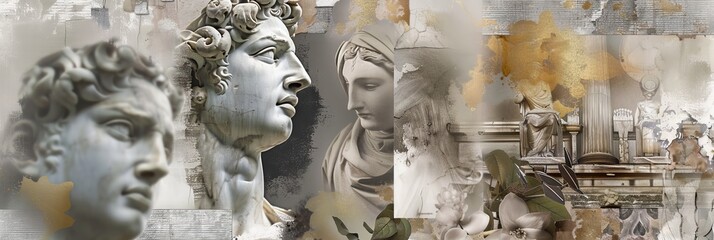 Collage of stoic classical statues with stoicsim and textures. A creative digital collage that combines elements of classical statues with various textures and abstract patterns