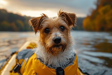 An adorable Jack Russell dog in a rowing boat wears a safety vest, enjoying nature by the water.