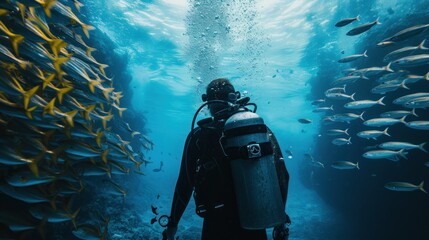 Scuba diver watching beautiful colorful coral reef with shoal of red fish - obrazy, fototapety, plakaty