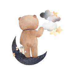 Little bear on the moon. Teddy bear among the stars. Watercolor illustration. Decor for a children's room.