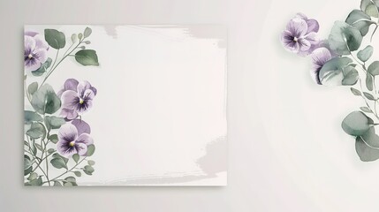 Minimalist floral wedding invitation card template design, colorful pansies with green leaves on white,generative ai, 